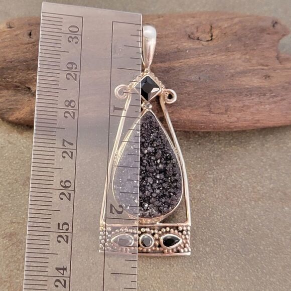 Sterling Contemporary Bali Style Black Druzy Stone Pendant - Picture 5 of 8